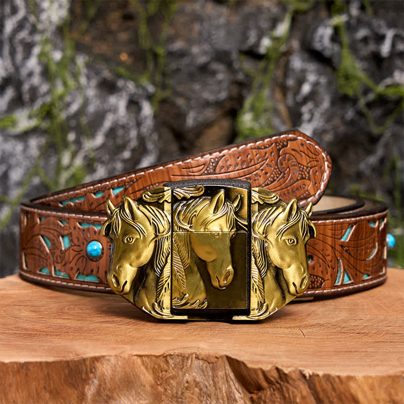Men's DIY Bronze Triple Horses Leather Belt With Hidden Lighter
