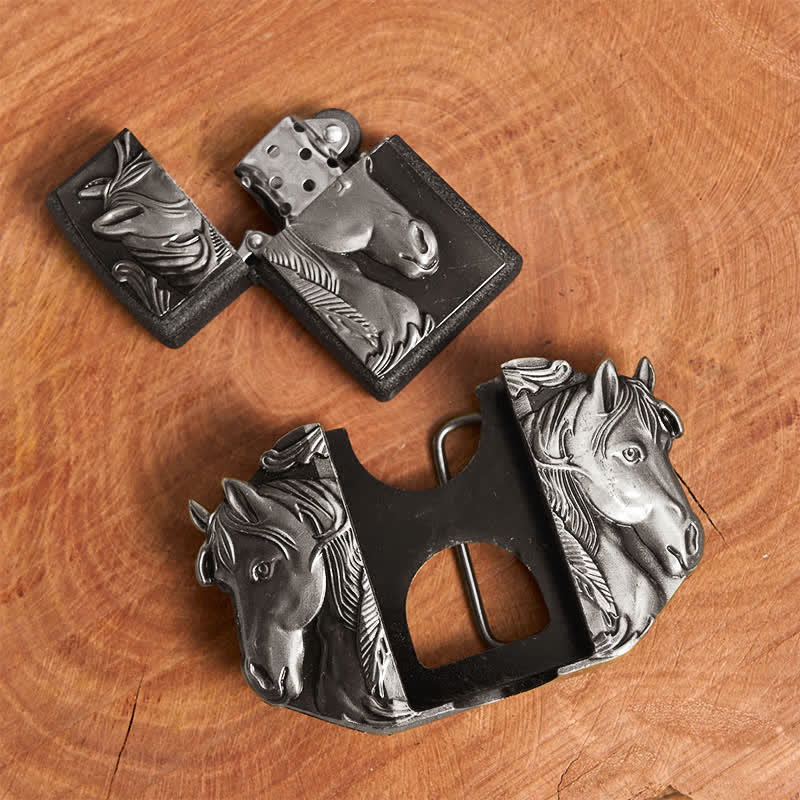 Men's DIY Silver Triple Horses Leather Belt With Hidden Lighter