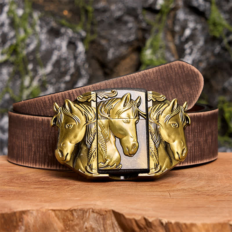 Men's DIY Bronze Triple Horses Leather Belt With Hidden Lighter