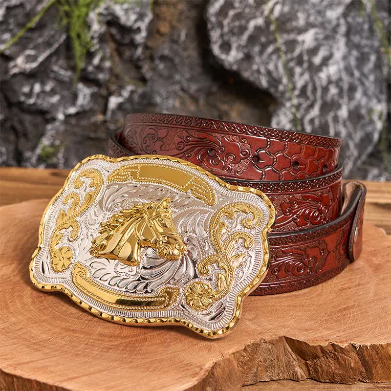 Gold Horse Head DIY Western Cowboy Buckle Leather Belt
