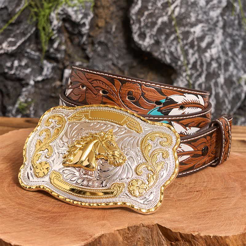 Gold Horse Head DIY Western Cowboy Buckle Leather Belt