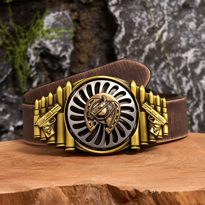 Rotating Bronze Horseshoe DIY Gun & Bullet Pattern Buckle Leather Belt