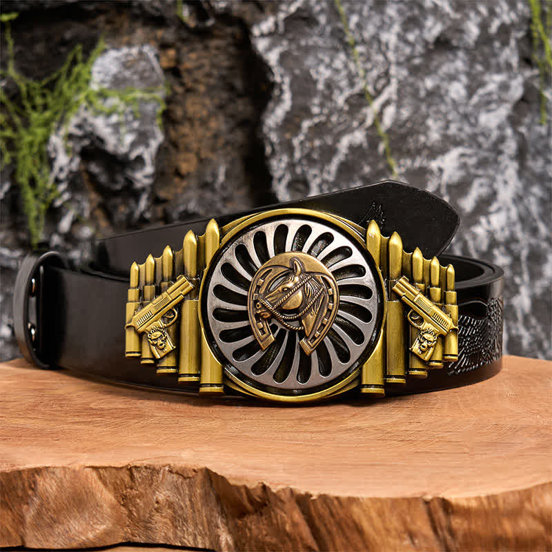 Rotating Bronze Horseshoe DIY Gun & Bullet Pattern Buckle Leather Belt