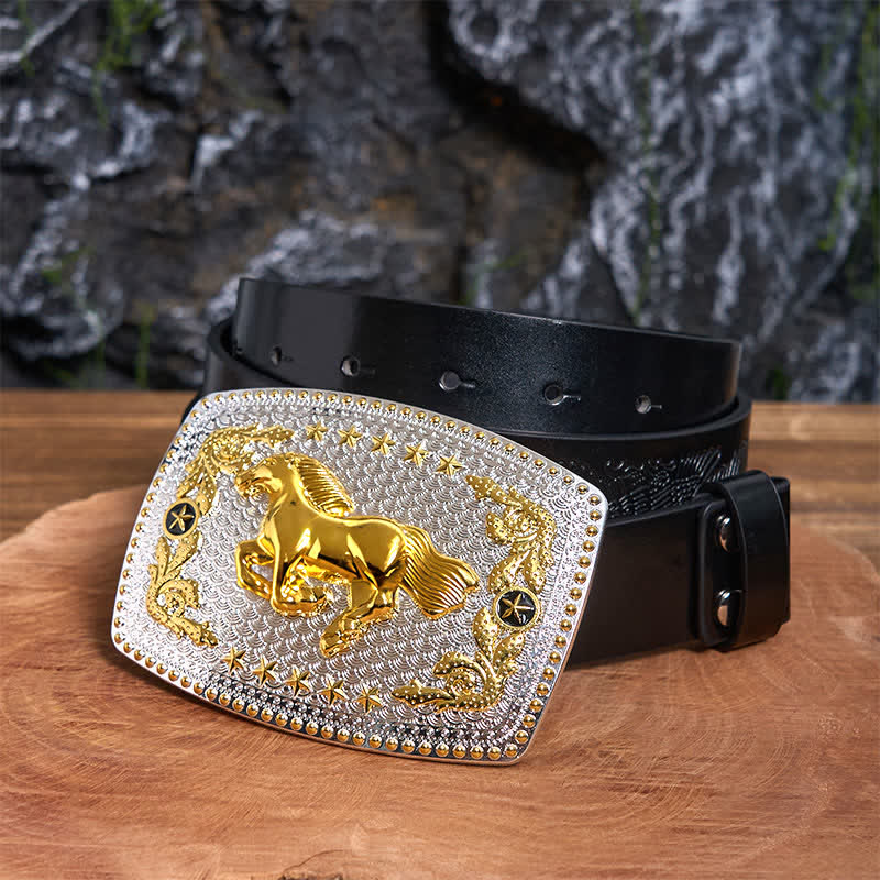Rectangular DIY Two Tone Running Horse Large Buckle Leather Belt