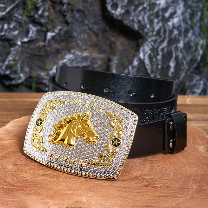 Rectangular DIY Two Tone Horse Head Large Buckle Leather Belt