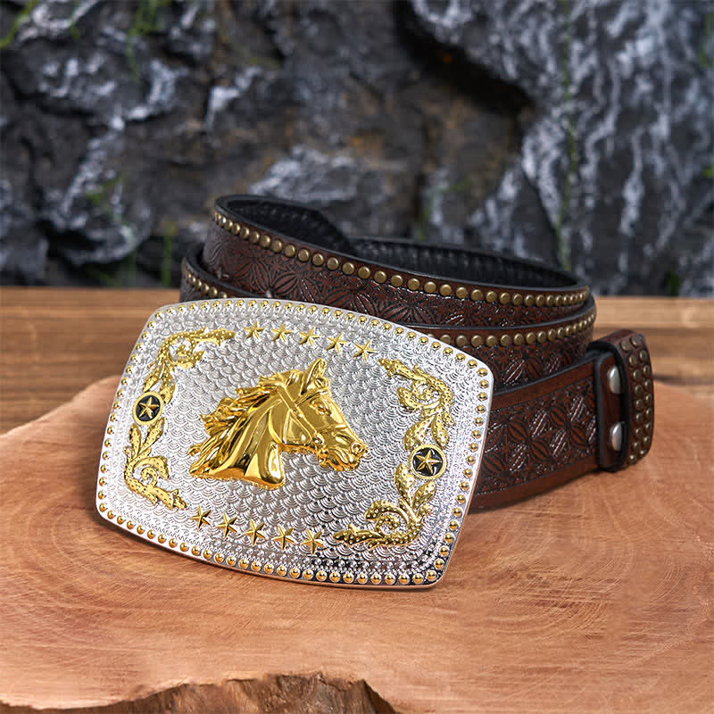 Rectangular DIY Two Tone Horse Head Large Buckle Leather Belt