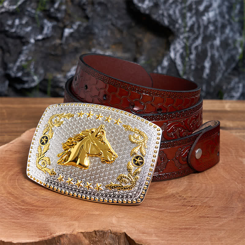 Rectangular DIY Two Tone Horse Head Large Buckle Leather Belt