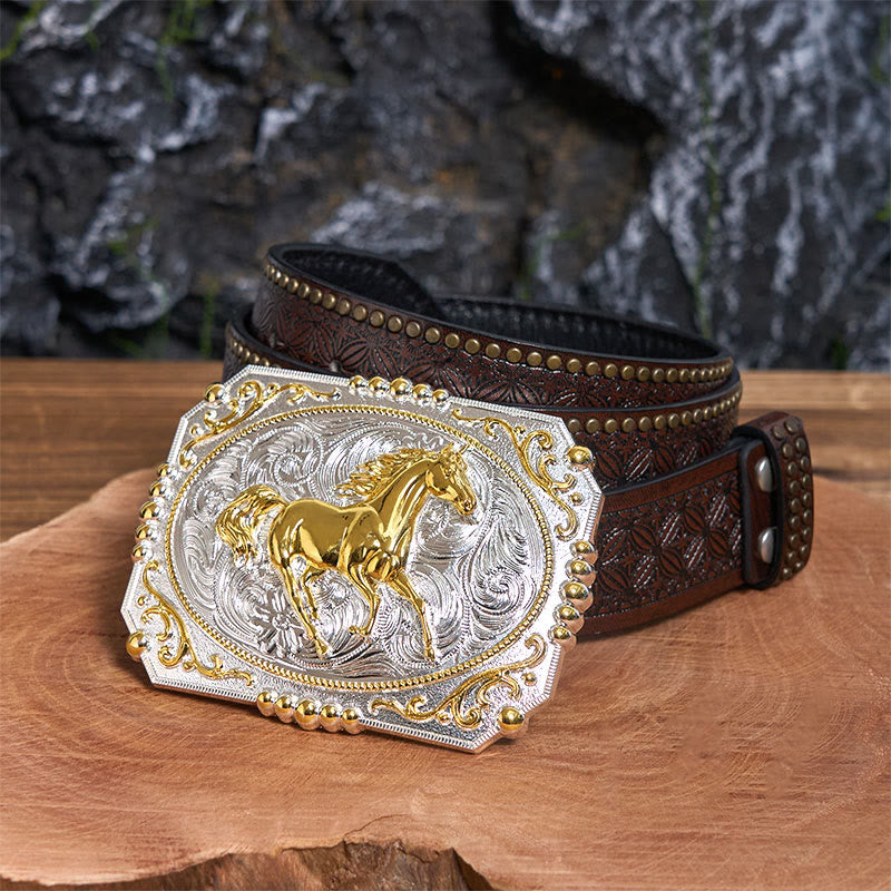 Golden Running Horse DIY Cowboy Buckle Leather Belt
