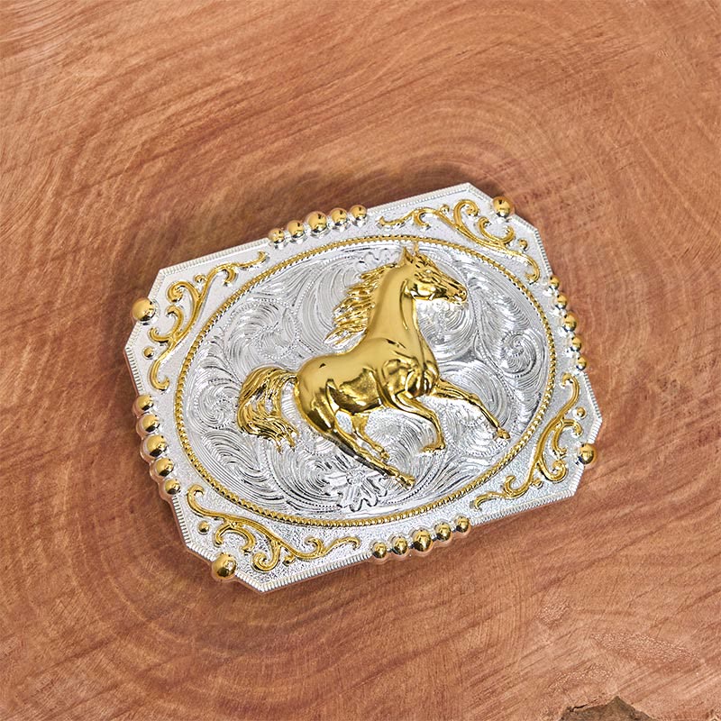 Golden Running Horse DIY Cowboy Buckle Leather Belt