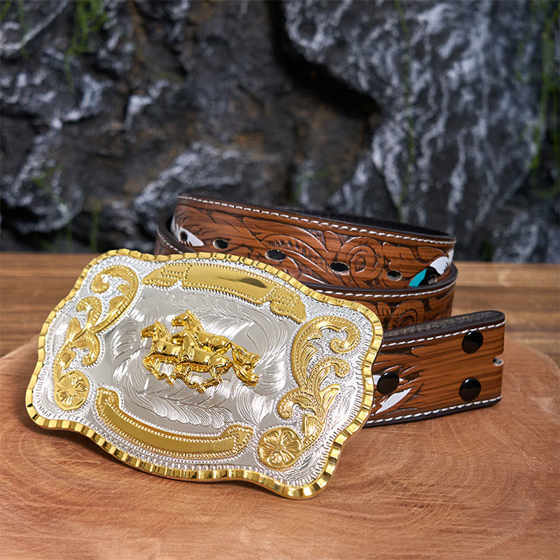 Three Galloping Horses DIY Cowboy Buckle Leather Belt