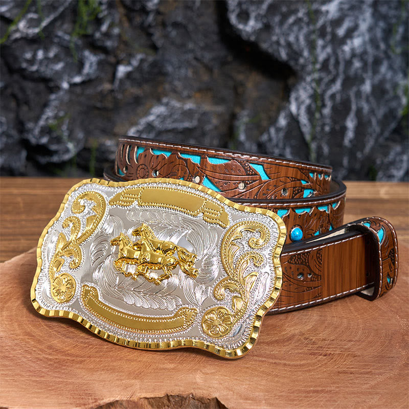 Three Galloping Horses DIY Cowboy Buckle Leather Belt