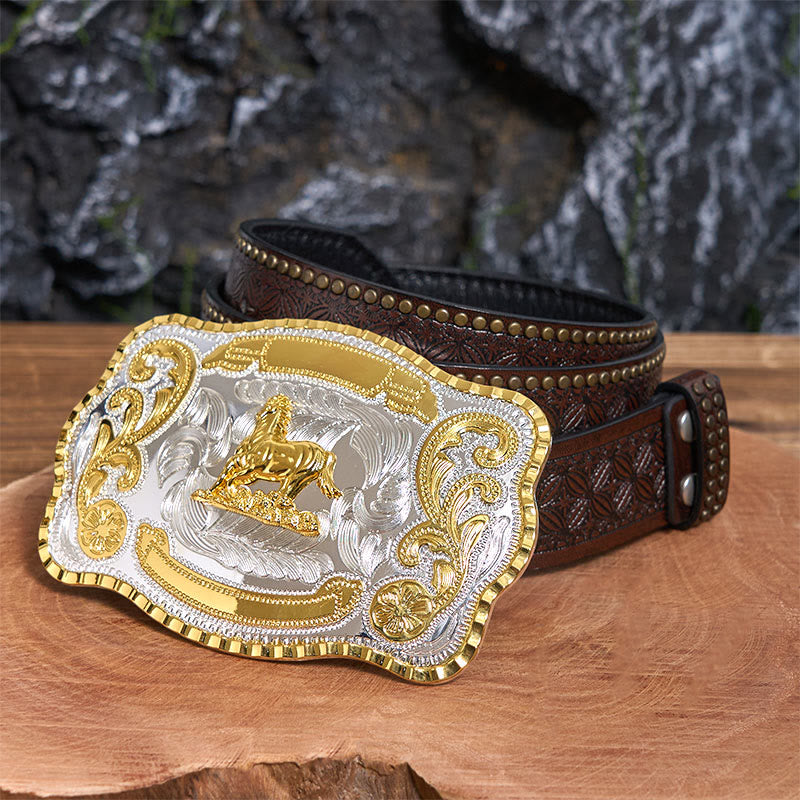 Golden Gallant Horse DIY Cowboy Buckle Leather Belt