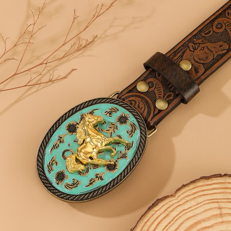 Gold Horse Turquoise-Tone Buckle Horse Embossed Leather Belt
