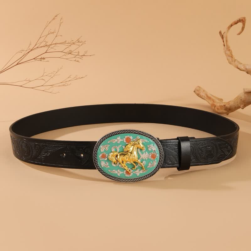 Horse Theme Turquoise-Tone Buckle Black Embossed Leather Belt