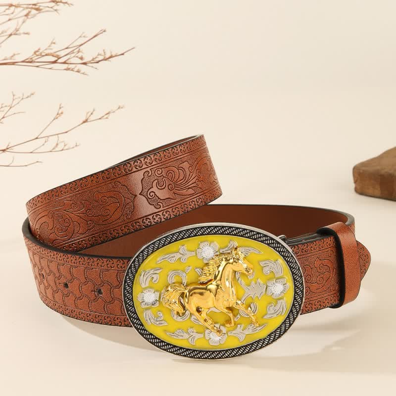 Running Horse Yellow Colored Buckle Embossed Leather Belt