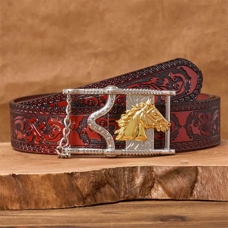 Hollow Out Gold & Silver Horse Head Buckle Leather Belt