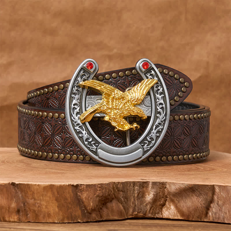 Gold Eagle Western Horseshoe Shape Buckle Leather Belt