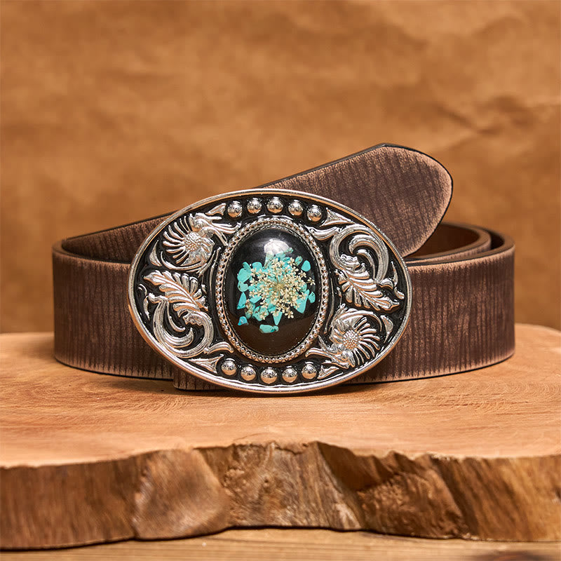 Silver Black Carved Turquoise & Flowers DIY Buckle Leather Belt