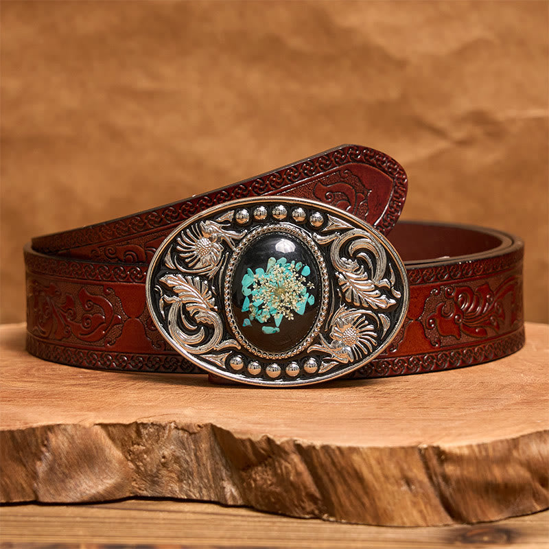 Silver Black Carved Turquoise & Flowers DIY Buckle Leather Belt