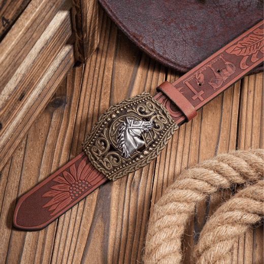 Men's Silver Horse Head Hollow Buckle Carved Belt