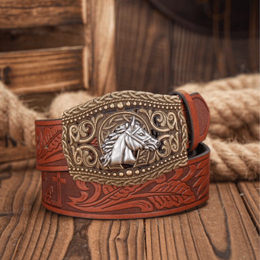 Men's Silver Horse Head Hollow Buckle Carved Belt