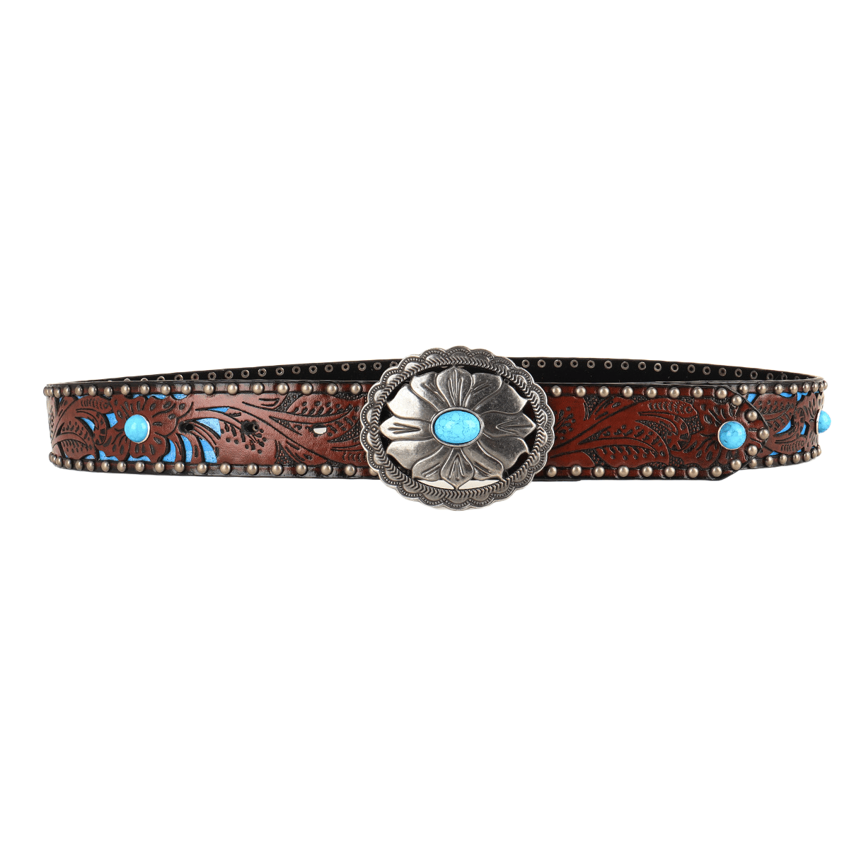 Women's Silver Flower Shaped Turquoise Buckle Metal Rivet Belt