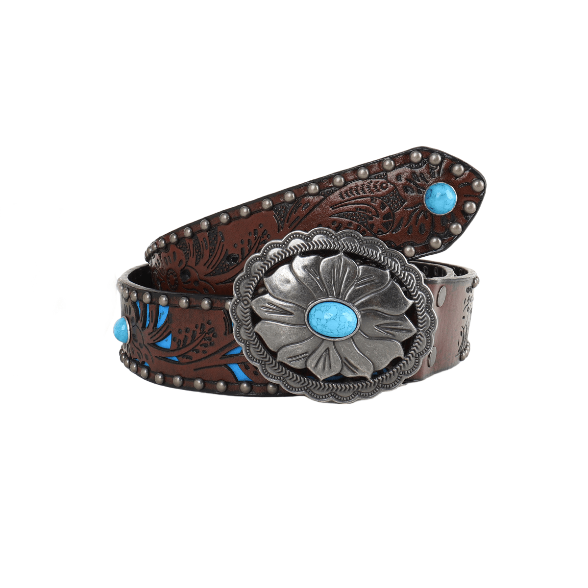 Women's Silver Flower Shaped Turquoise Buckle Metal Rivet Belt