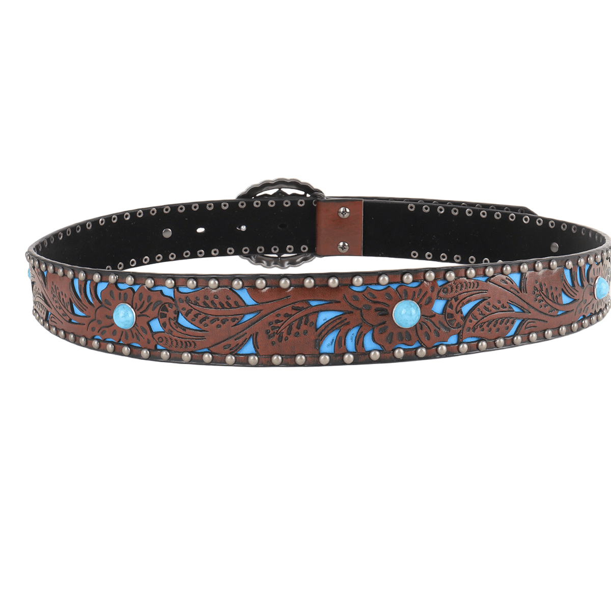 Women's Silver Flower Shaped Turquoise Buckle Metal Rivet Belt