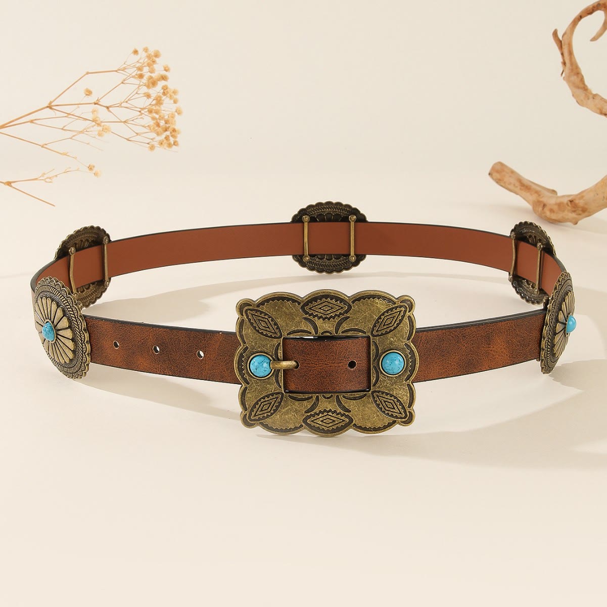 Women's Square Bronze Buckle Round Patterned Turquoise Belt