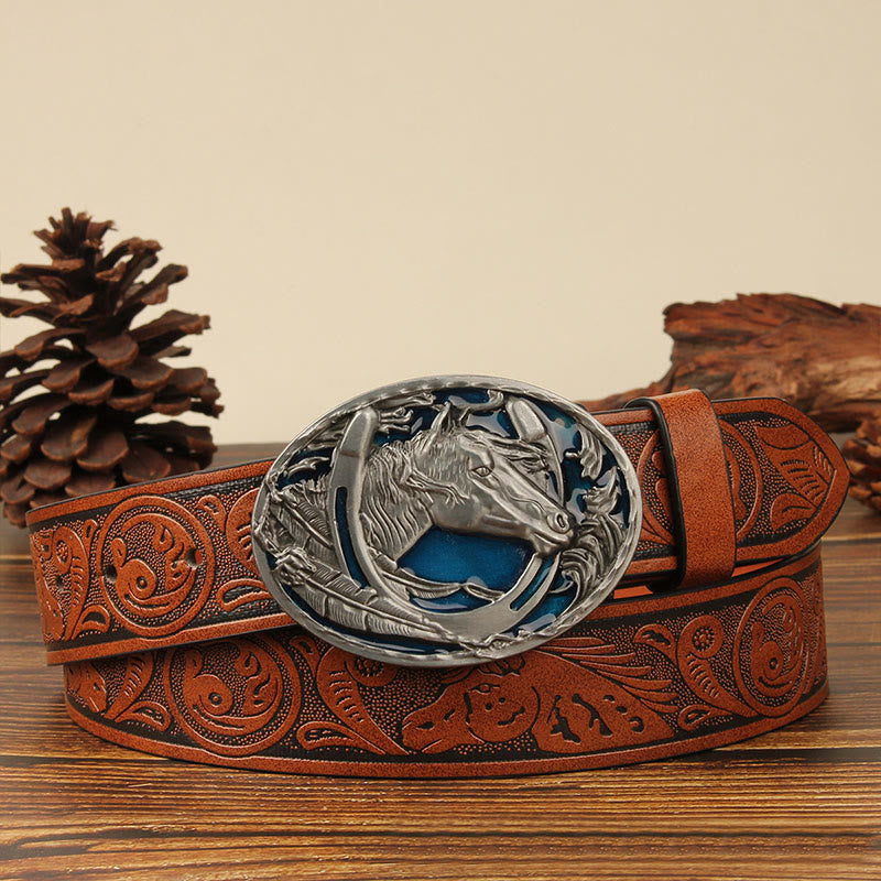 Men's Silver Horsehead & Horseshoe Carving Leather Belt