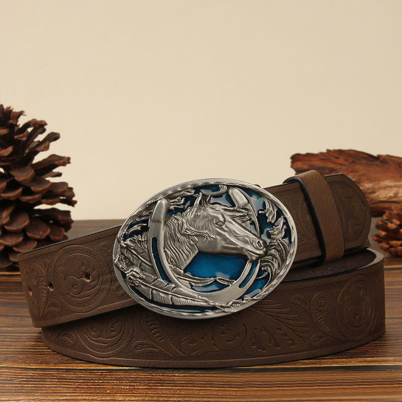 Men's Silver Horsehead & Horseshoe Carving Leather Belt