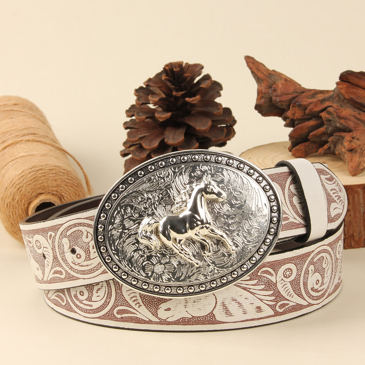 Men's Golden Horse Silver Oval Buckle Embossed Leather Belt