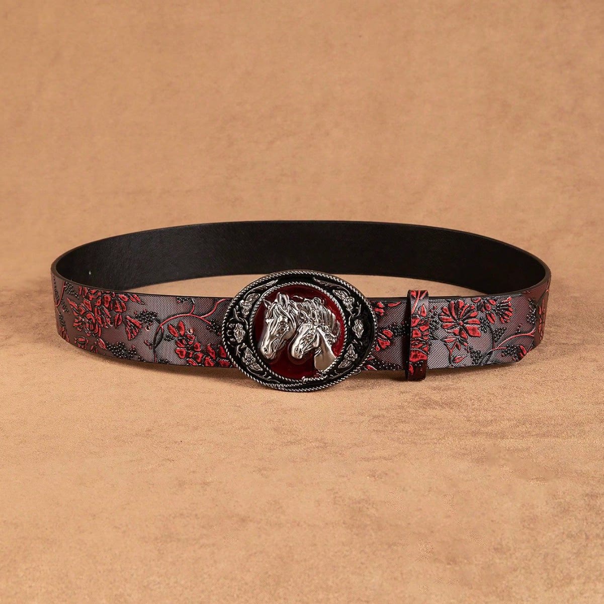 Women's Black And Red Double Horsehead Buckle Floral Belt