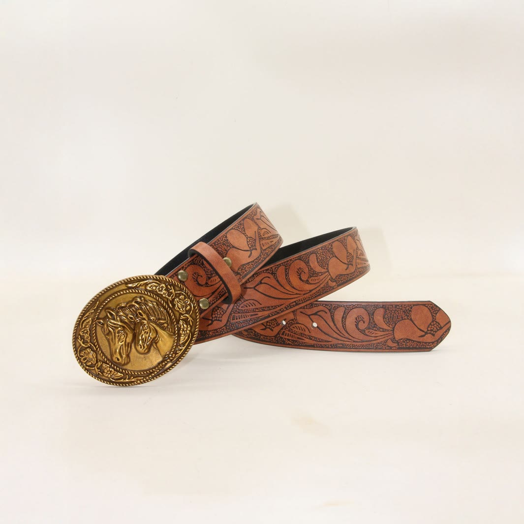 Men's Western Style Double Horsehead Buckle Embossed Leather Belt