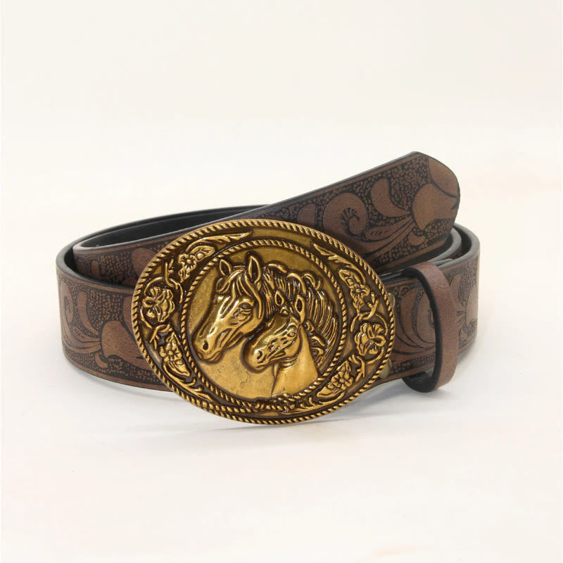 Men's Western Style Double Horsehead Buckle Embossed Leather Belt