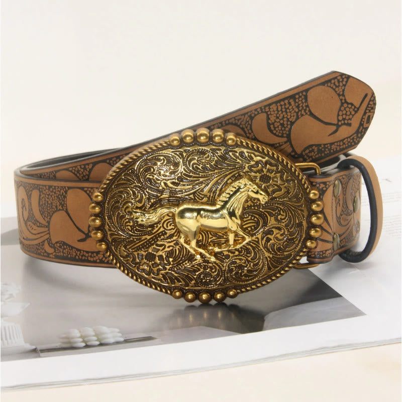 Men's Western Style Double Horsehead Buckle Embossed Leather Belt