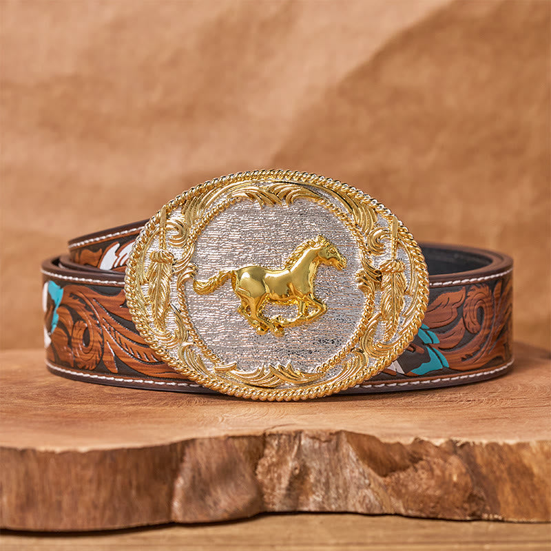 Men's Golden Galloping Horse Oval Buckle Leather Belt