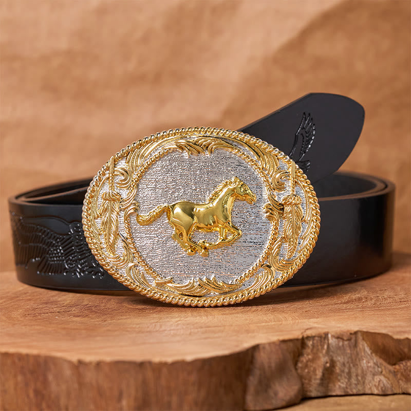 Men's Golden Galloping Horse Oval Buckle Leather Belt