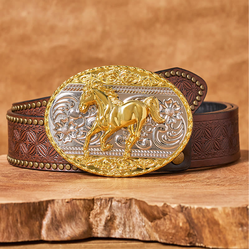 Men's Gold & Silver Galloping Horse Oval Buckle Leather Belt