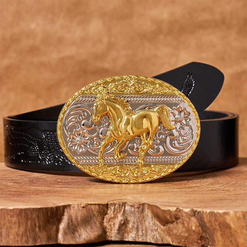 Men's Gold & Silver Galloping Horse Oval Buckle Leather Belt