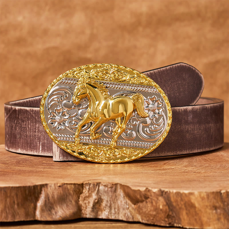 Men's Gold & Silver Galloping Horse Oval Buckle Leather Belt