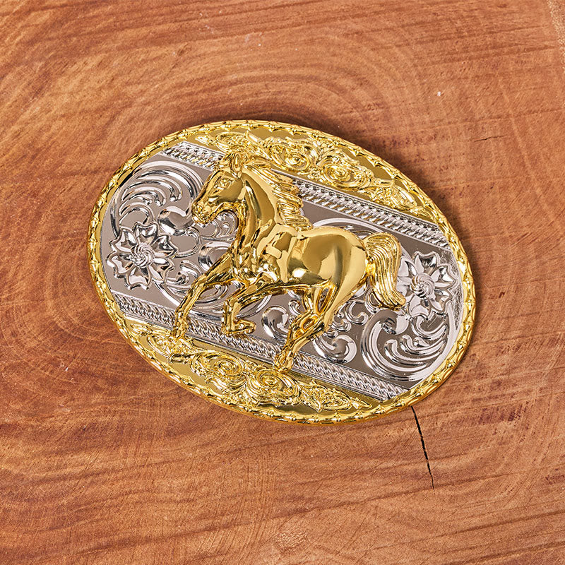 Men's Gold & Silver Galloping Horse Oval Buckle Leather Belt