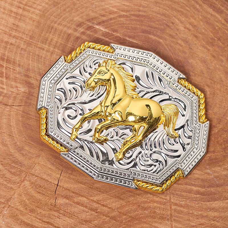 Men's Western Gold And Silver Relief Galloping Horse Buckle Leather Belt