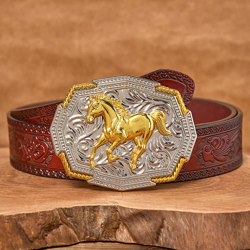 Men's Western Gold And Silver Relief Galloping Horse Buckle Leather Belt