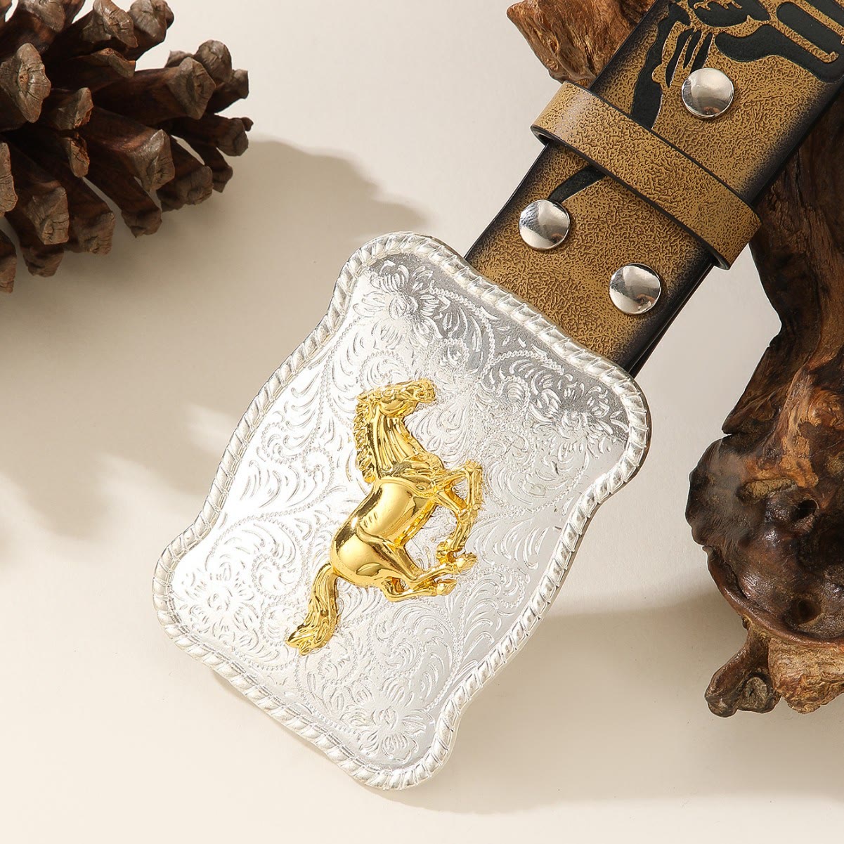 Western Golden Running Horse Silver Buckle Bullhead Embossed Belt