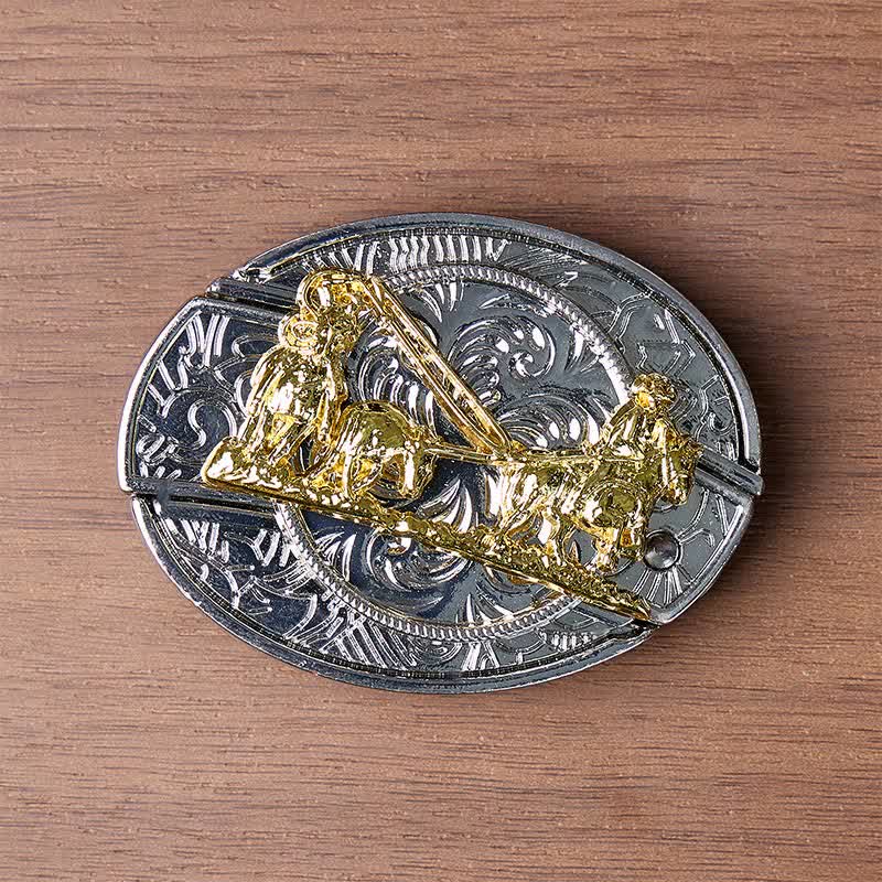 Western Horse Carriage DIY Hidden Folding Knife Gold Buckle Leather Belt