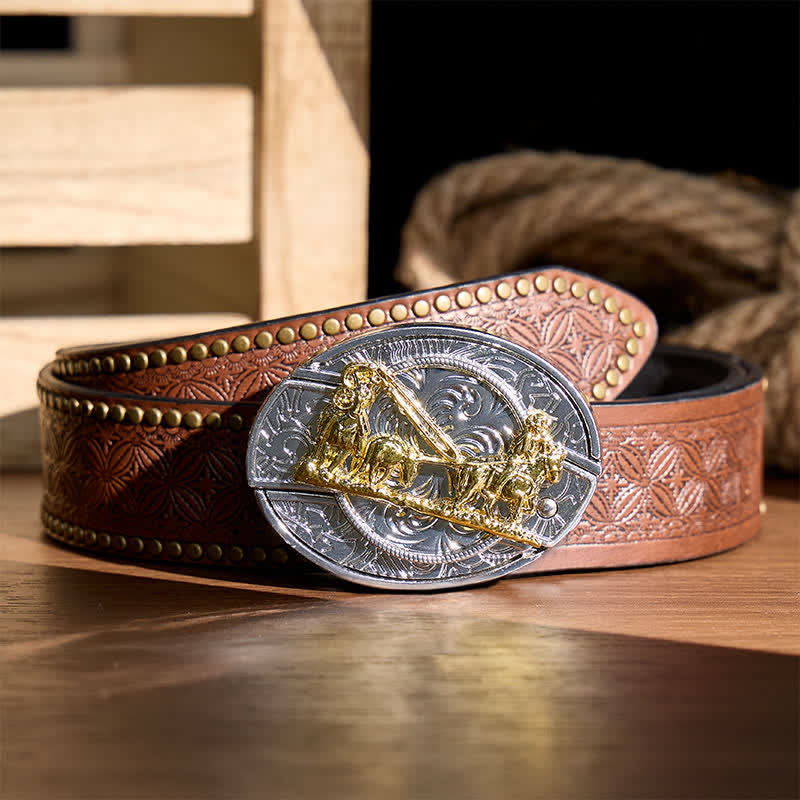 Western Horse Carriage DIY Hidden Folding Knife Gold Buckle Leather Belt