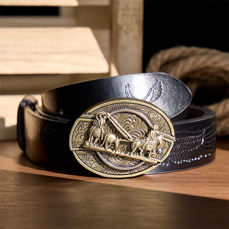 Bronze Horse Carriage DIY Hidden Folding Knife Western Buckle Leather Belt