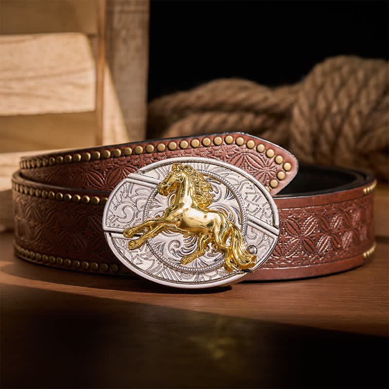 Silver & Gold Galloping Horse DIY Hidden Folding Knife Buckle Leather Belt