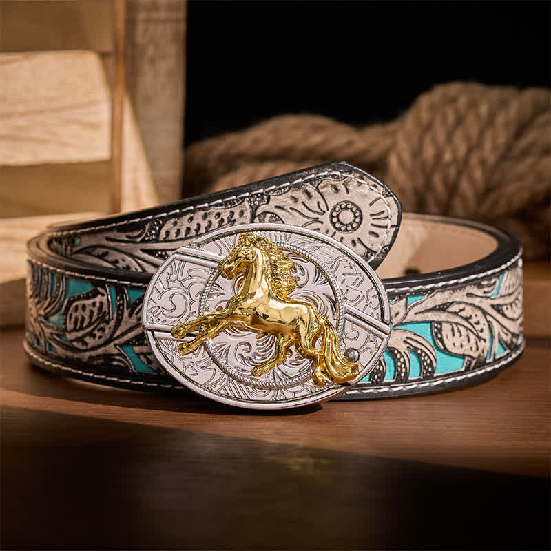 Silver & Gold Galloping Horse DIY Hidden Folding Knife Buckle Leather Belt